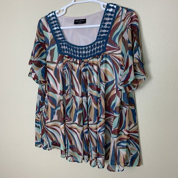 Lane Bryant Short Sleeve Blouse Lightweight Crochet Teal Brown Top Womens 18 20 - Picture 3 of 15